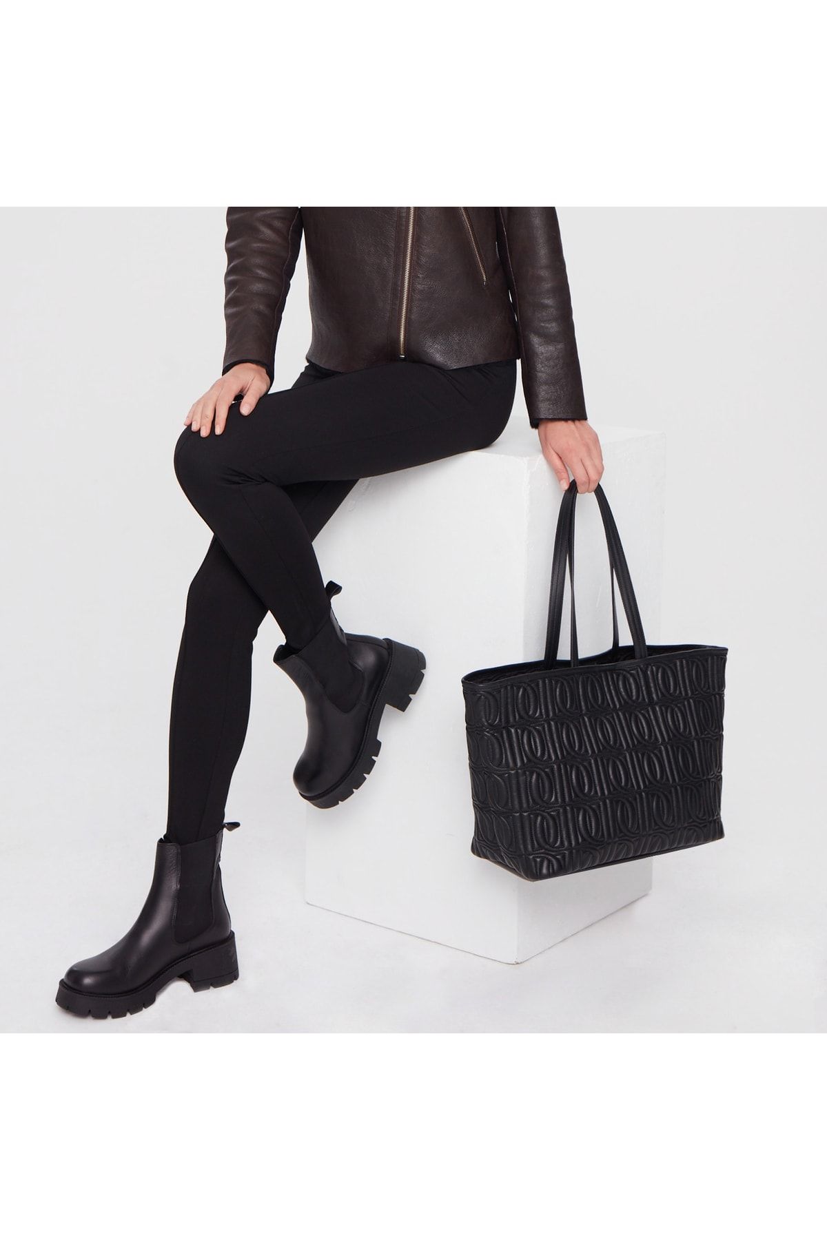 Huda Black Women's Monogram Leather Shopping Bag