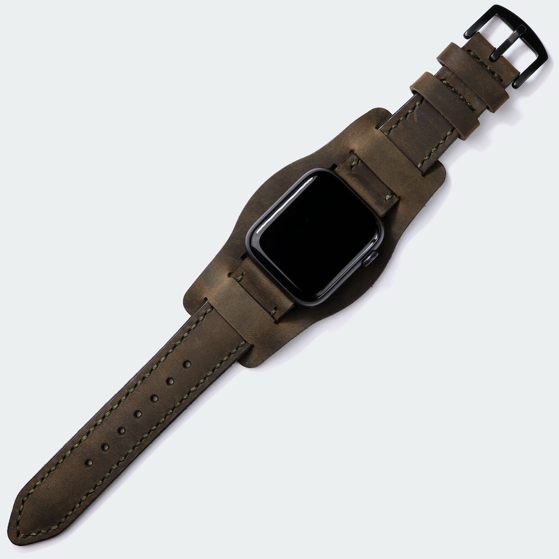 Bund Strap - Çift Kat Deri Apple Watch Kayışı - Antik Yeşil