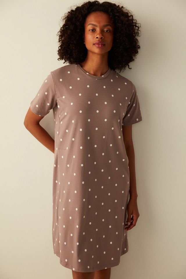 Gri Mama Hamile Cinnamon Dots Elbise