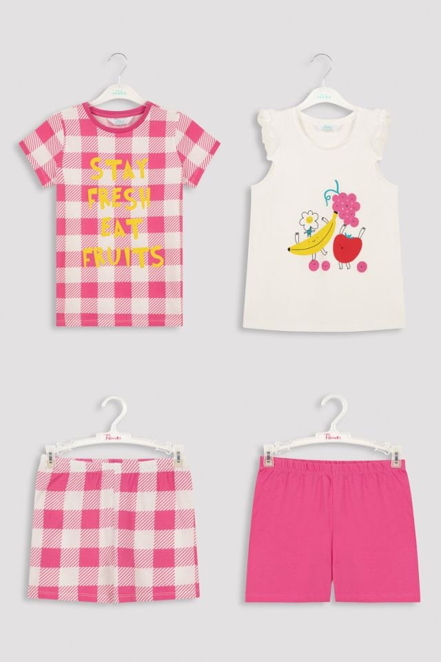 Çok Renkli Kız Çocuk Eat Fruits 4lü Pijama Takımı