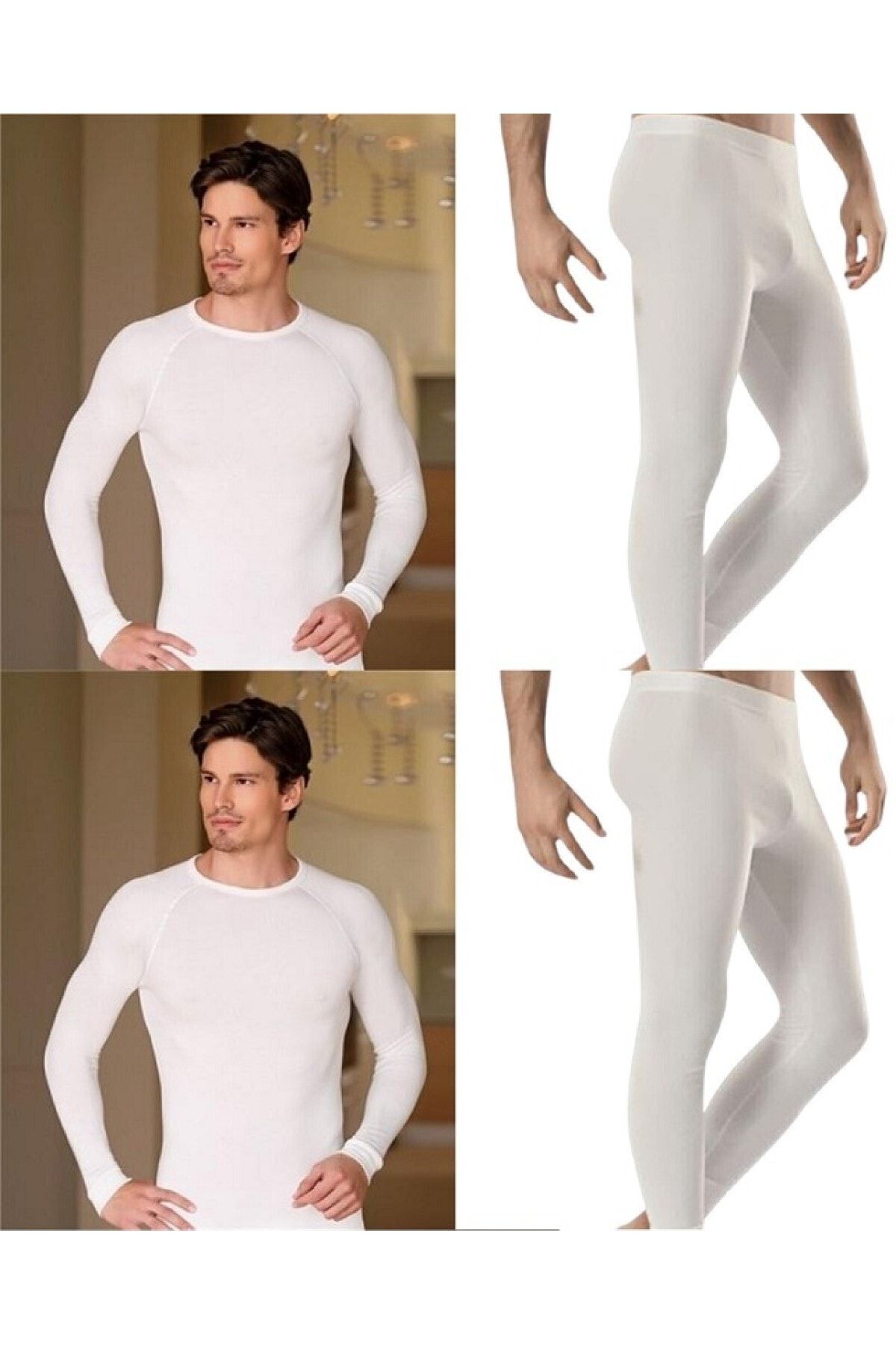 Men's Ecru Thermal Long Sleeve Top And Thermal Tights Set 2 Pieces