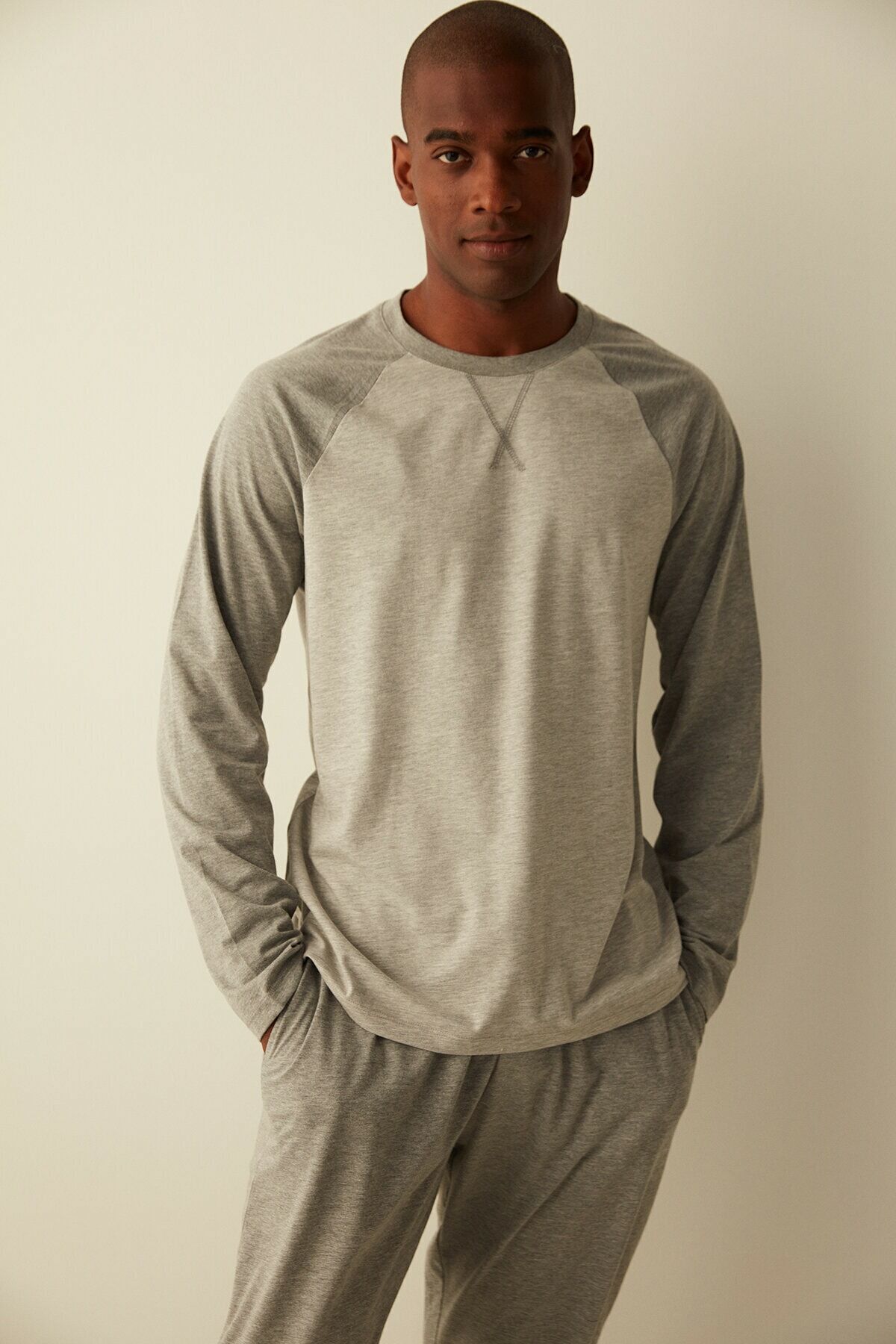 Gray-melange Straight Trousers Pajamas Set