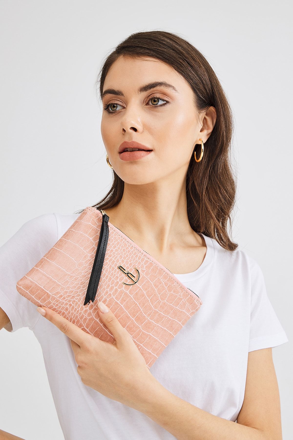 Soft Kroko Pembe Clutch El Çantası