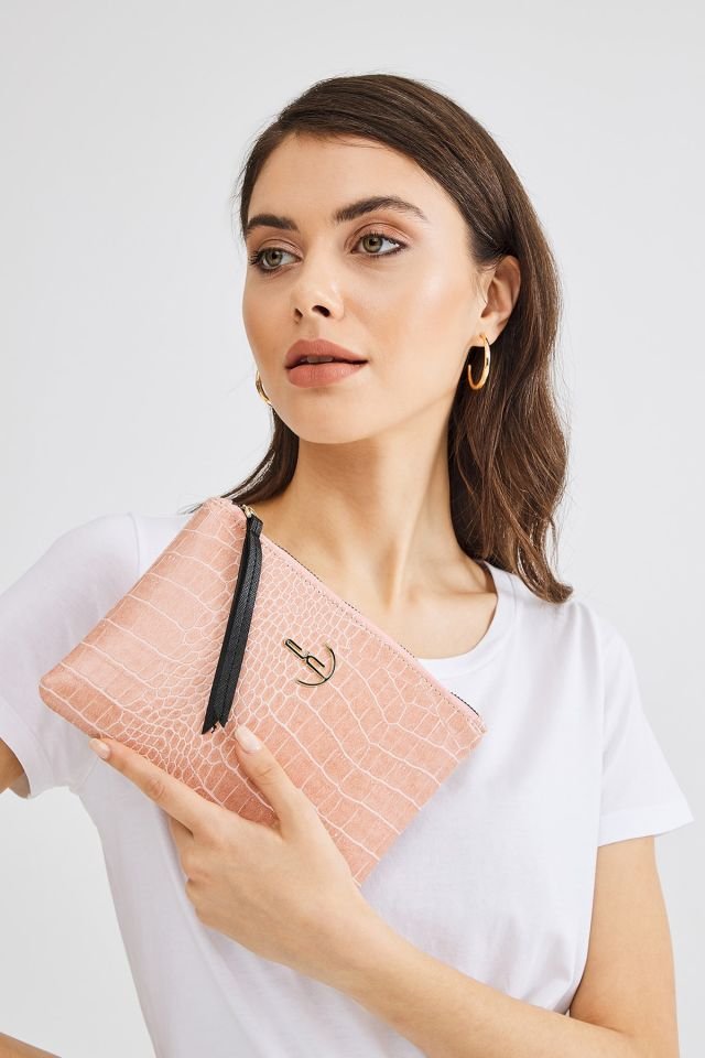 Soft Kroko Pembe Clutch El Çantası