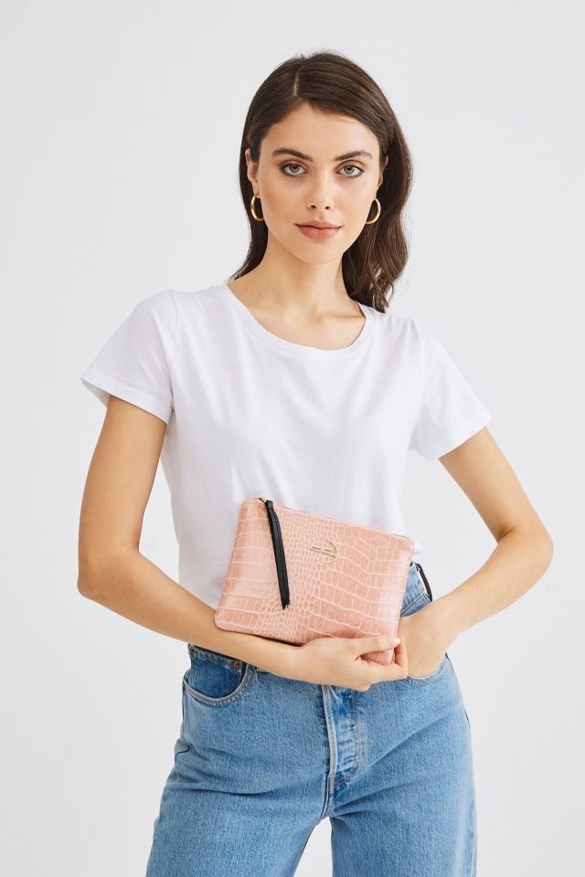 Soft Kroko Pembe Clutch El Çantası