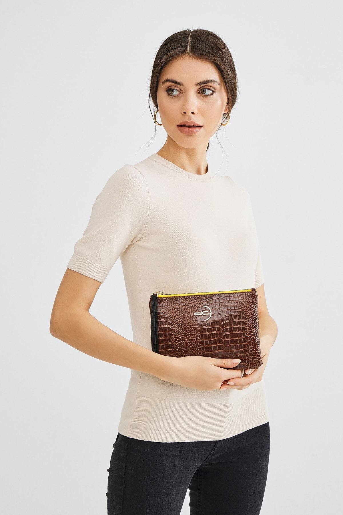 Soft Kroko Kahverengi Clutch El Çantası