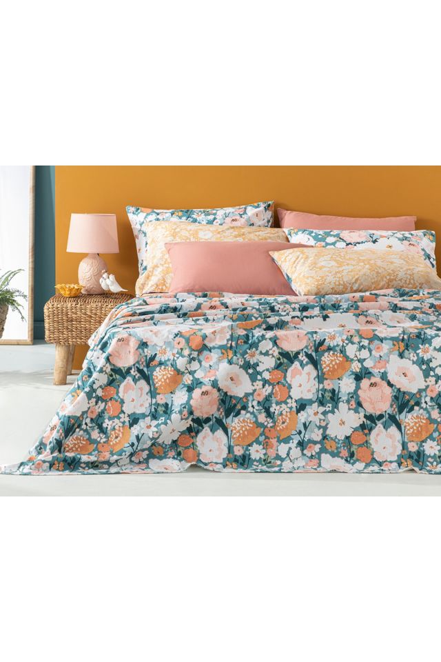 Camellia Baskılı Çift Kişilik Pike 200x220 Cm Şeftali