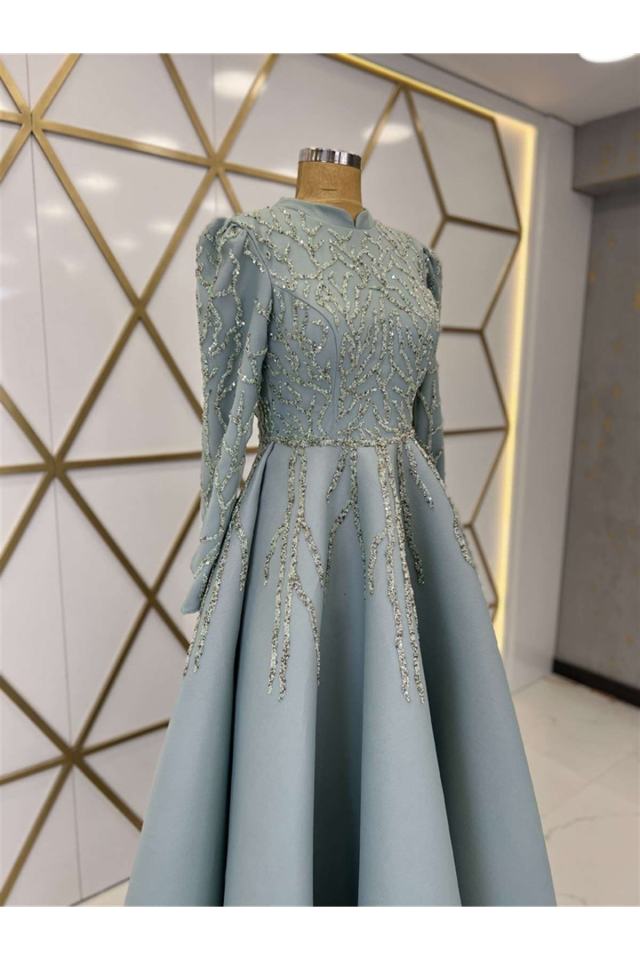 Dream Applique Detailed Princess Form Veiling Evening Dress Mint Green