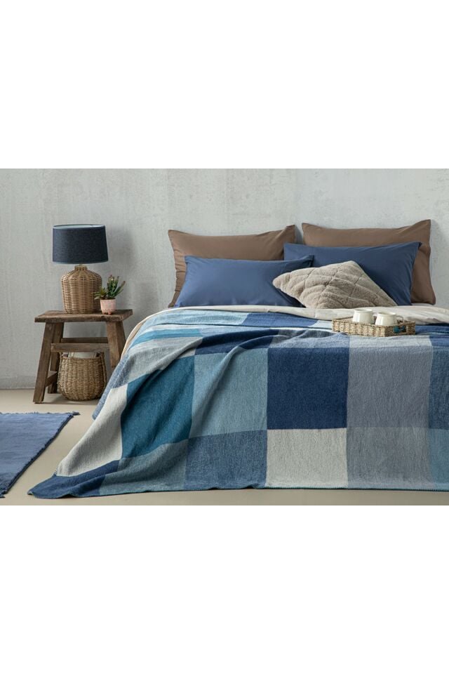 Block Cotton Double Blanket 200x220 Cm Navy Blue-Blue