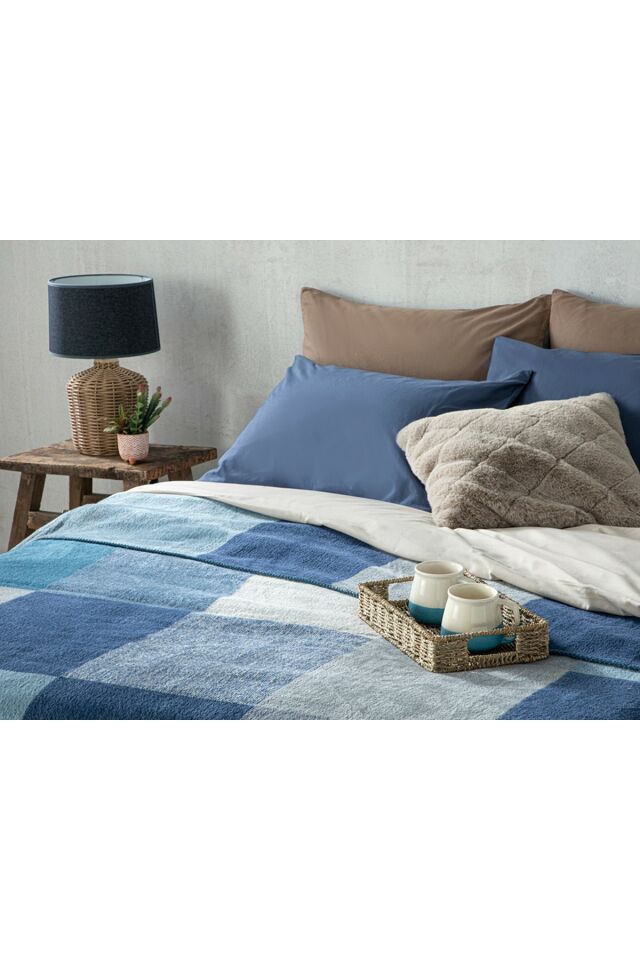 Block Cotton Double Blanket 200x220 Cm Navy Blue-Blue