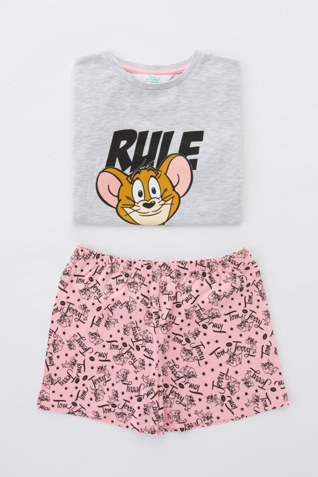 Kız Çocuk Pembe Gri Baskılı Pijama Takımı