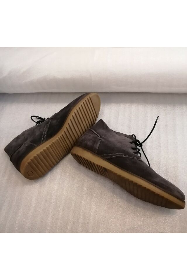 Men's Genuine Suede Anthracite Thick Serrated Hard Rubber Sole Non-Slip Laced Ankle Boots