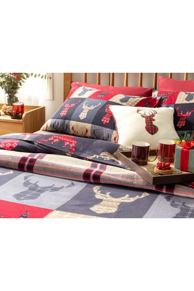 Patchy Deers Flannel Double Duvet Cover Set 200x220 Cm Dark Blue