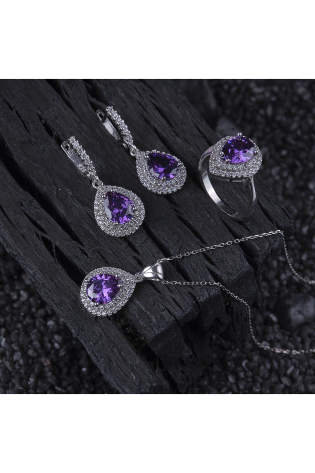 Purple Drop Stone Silver Women's Set