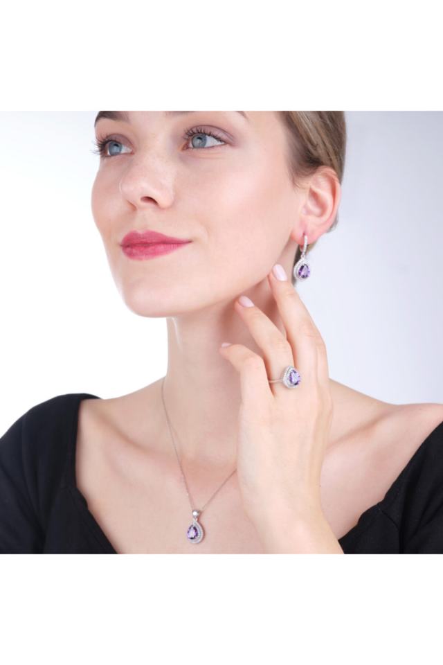 Purple Drop Stone Silver Women's Set