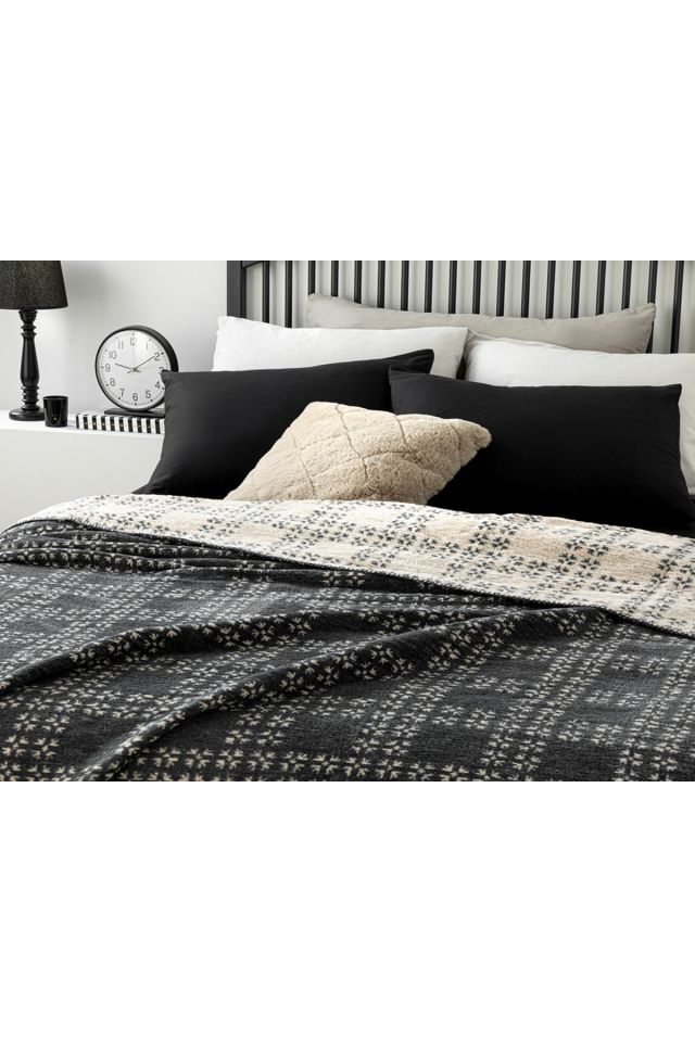 Diamond Plaid Pamuklu Çift Kişilik Battaniye 200x220 Cm Antrasit