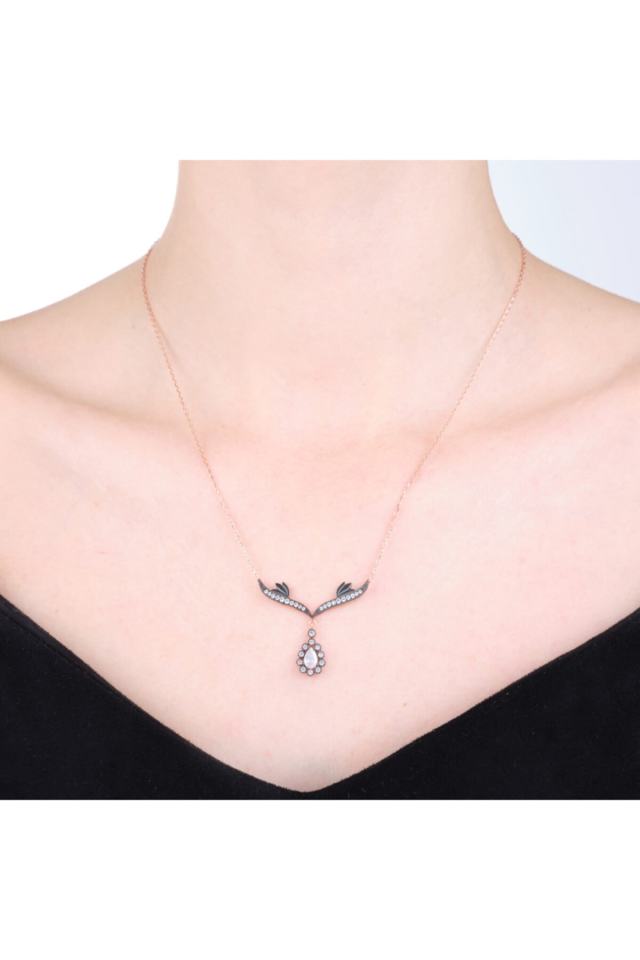 Drop Stone and Angel Wing Silver Women's Necklace