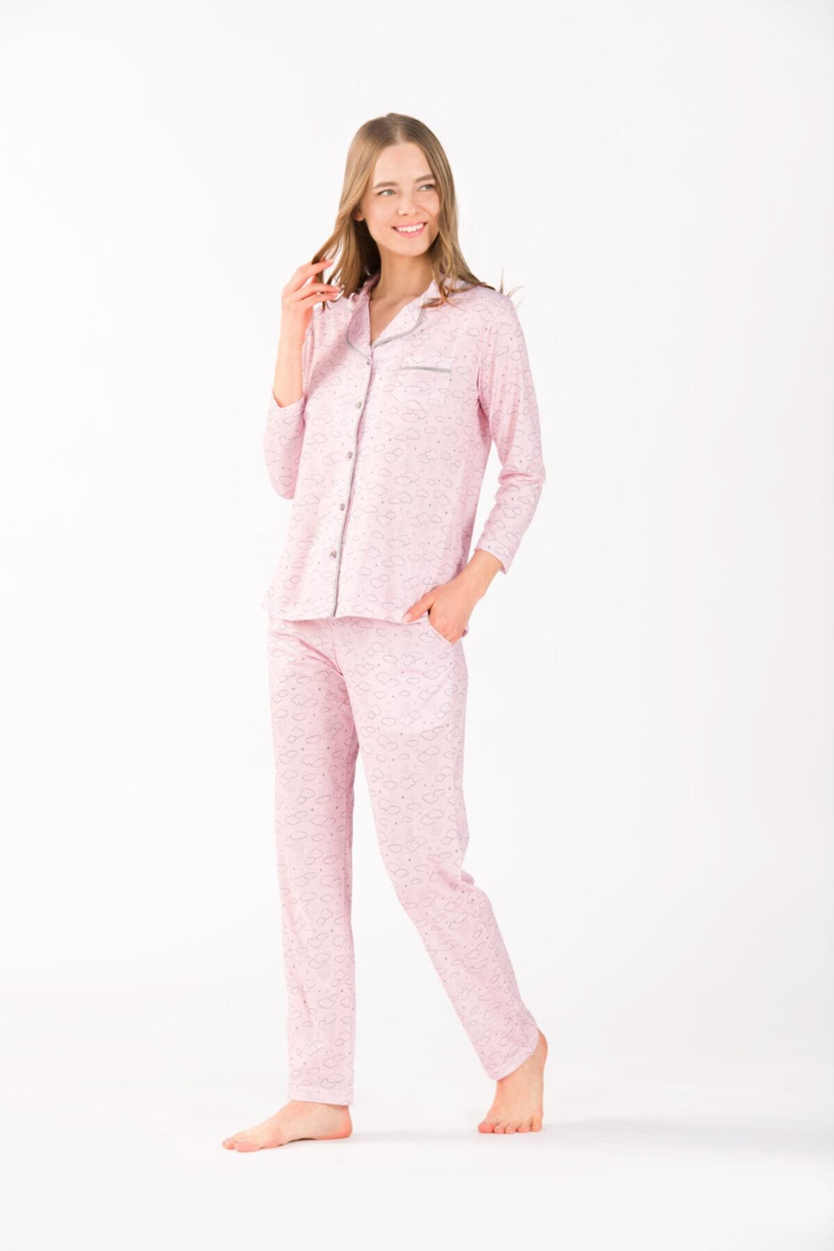 Uzun Kollu Önden Düğmeli Viskon Kadın Pijama Takımı Pembe