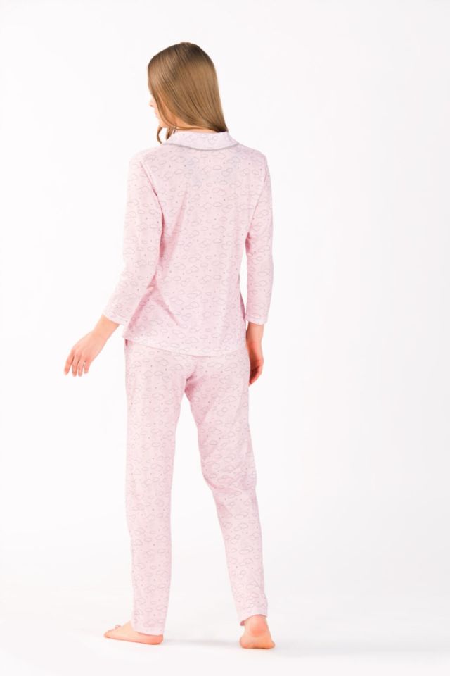 Uzun Kollu Önden Düğmeli Viskon Kadın Pijama Takımı Pembe