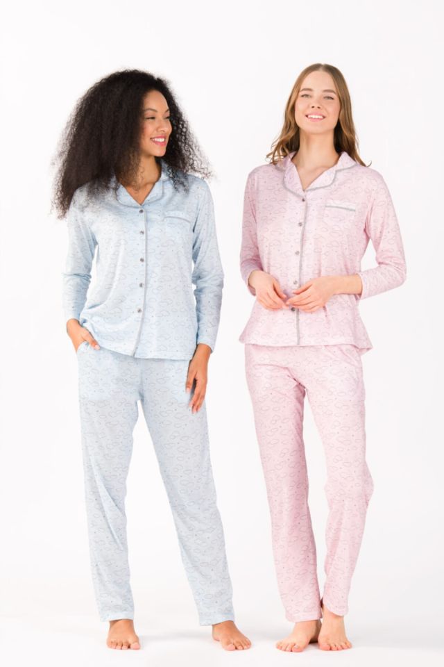Uzun Kollu Önden Düğmeli Viskon Kadın Pijama Takımı Pembe