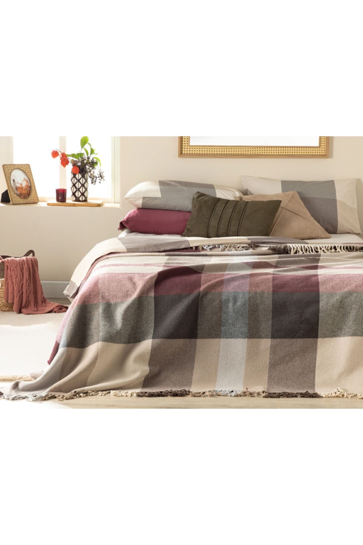 Madras Check Pamuklu Çift Kişilik Battaniye 200x220 Cm Mor – Bej