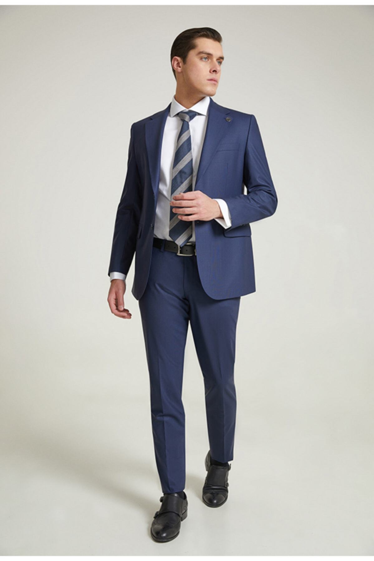 Regular Fit Navy Blue Straight Suit