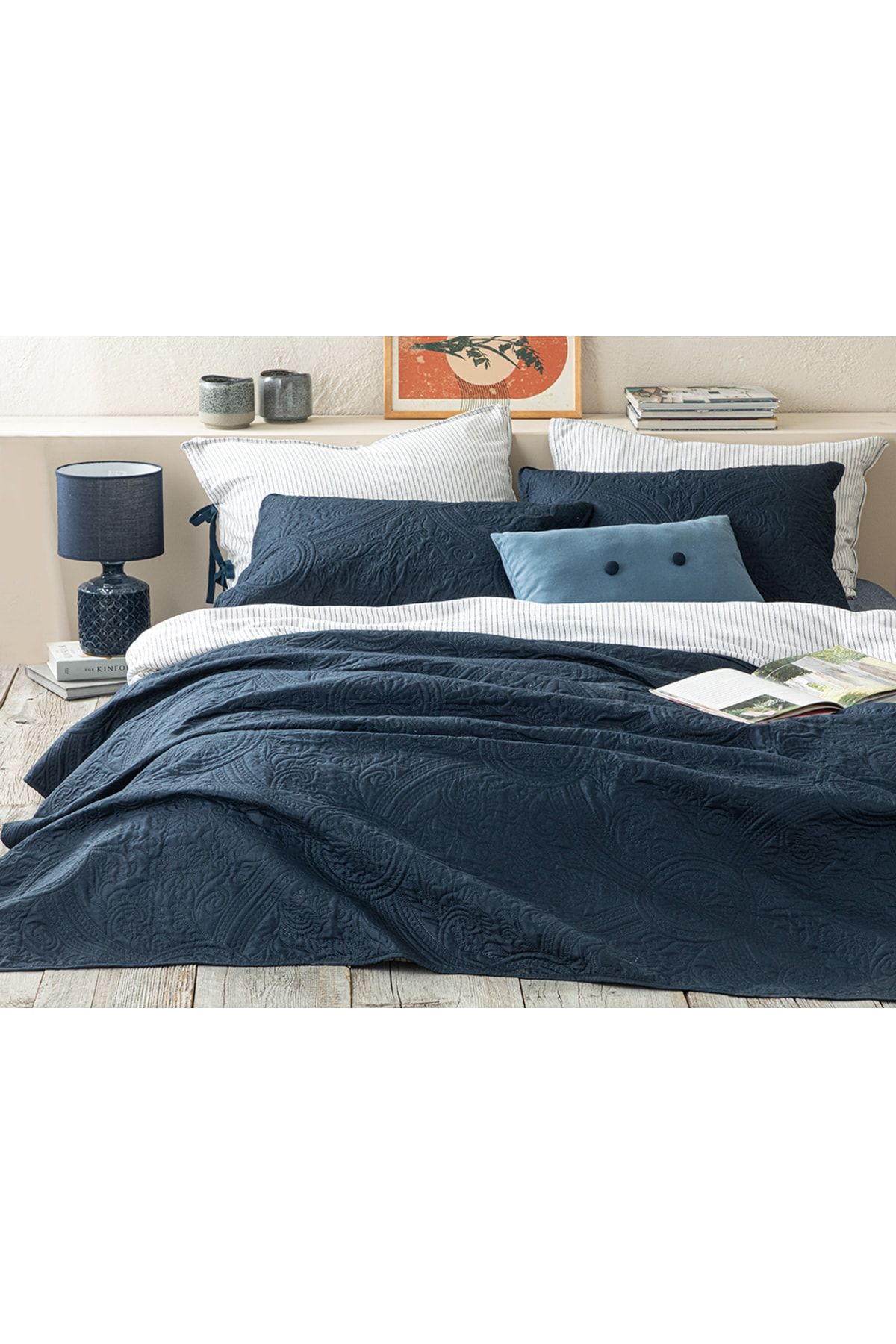 Easton Multi-Purpose Double Bedspread Set 200x220 Cm Navy Blue