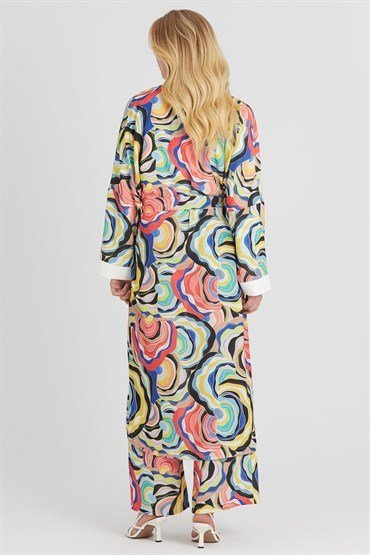 Desenli Kimono Takım SAX KIRMIZI