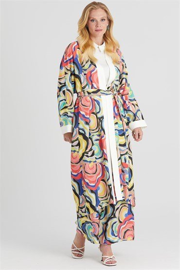 Desenli Kimono Takım SAX KIRMIZI