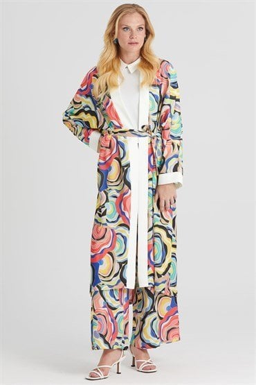 Desenli Kimono Takım SAX KIRMIZI