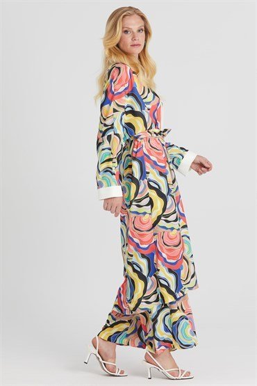 Desenli Kimono Takım SAX KIRMIZI
