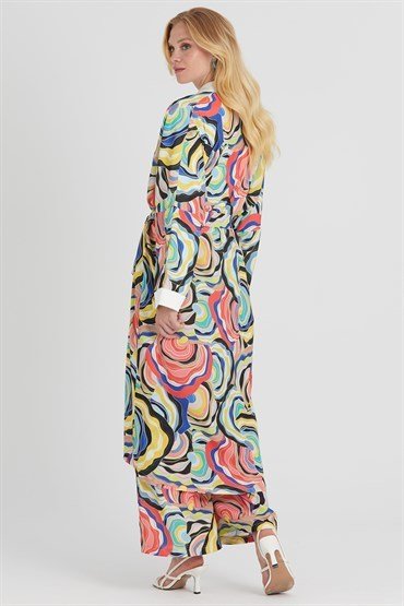 Desenli Kimono Takım SAX KIRMIZI
