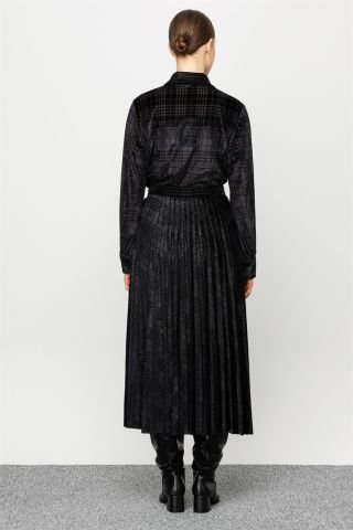 Ghisa Pleated Velvet Skirt BLACK CHECK