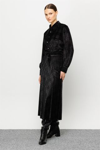 Ghisa Pleated Velvet Skirt BLACK CHECK