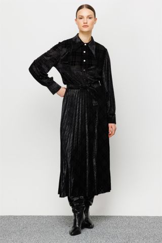 Ghisa Pleated Velvet Skirt BLACK CHECK