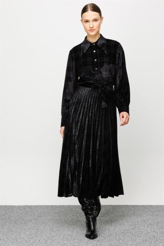 Ghisa Pleated Velvet Skirt BLACK CHECK