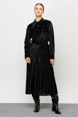 Ghisa Pleated Velvet Skirt BLACK CHECK
