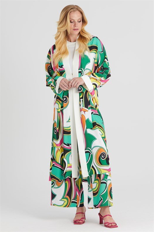 Patterned Kimono Suit GREEN-ECRU