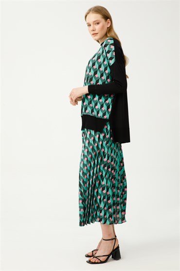 Knitwear Tunic Skirt Set GREEN-BLACK