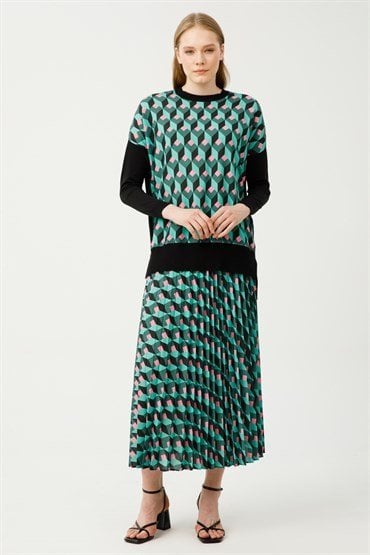 Knitwear Tunic Skirt Set GREEN-BLACK