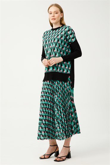 Knitwear Tunic Skirt Set GREEN-BLACK