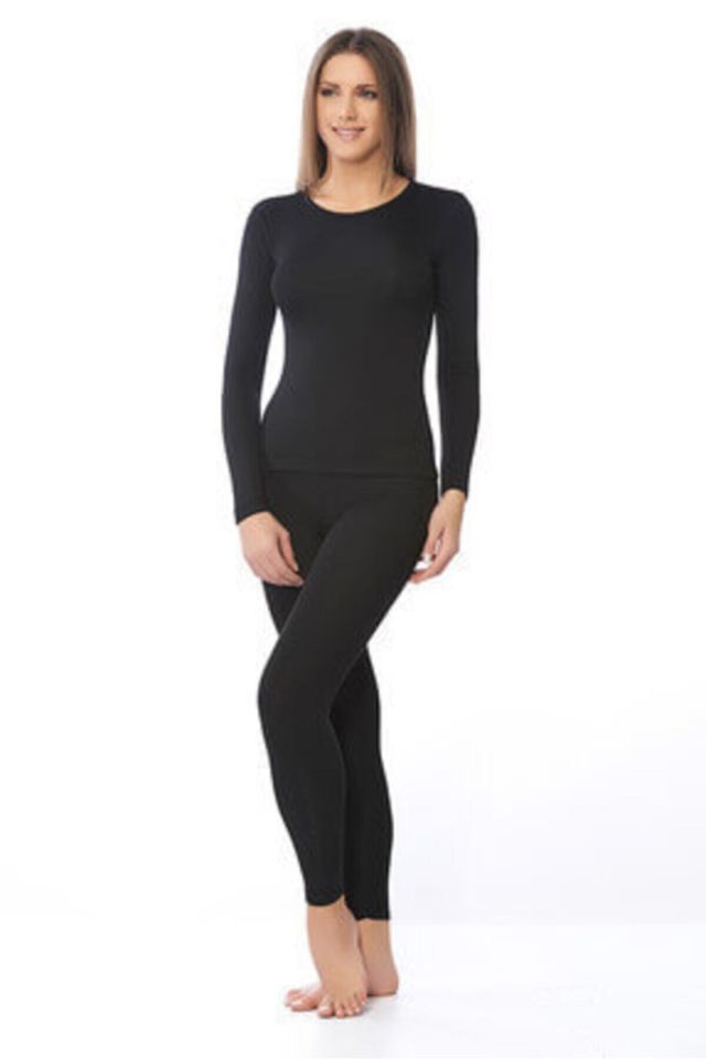 Women's Black Thermal Underwear Bottom Top Set