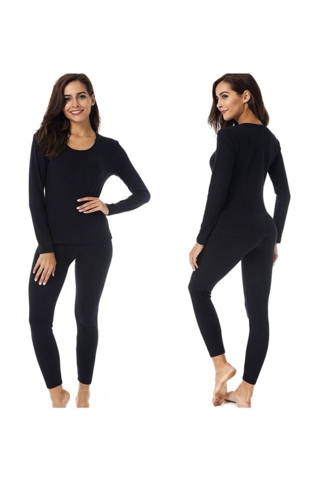 Women's Black Thermal Underwear Bottom Top Set