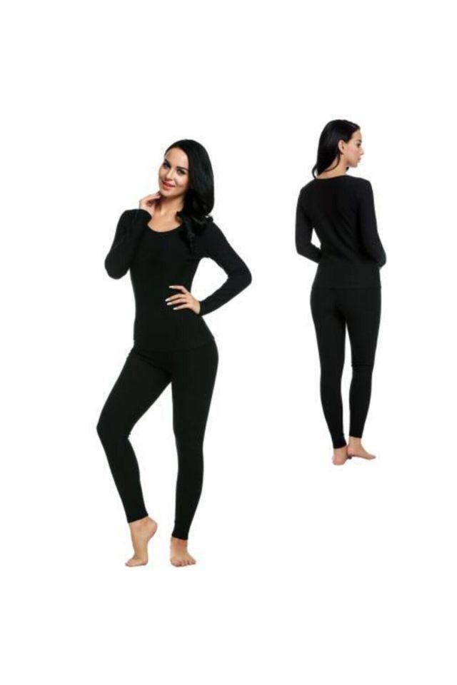 Women's Black Thermal Underwear Bottom Top Set