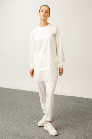 Ghisa Şifon Detaylı Sweat Shirt Pantolon Takımı EKRU SOFT