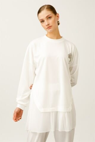 Ghisa Şifon Detaylı Sweat Shirt Pantolon Takımı EKRU SOFT