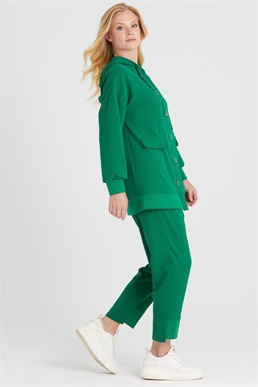 Hooded Tunic Pants Set GREEN