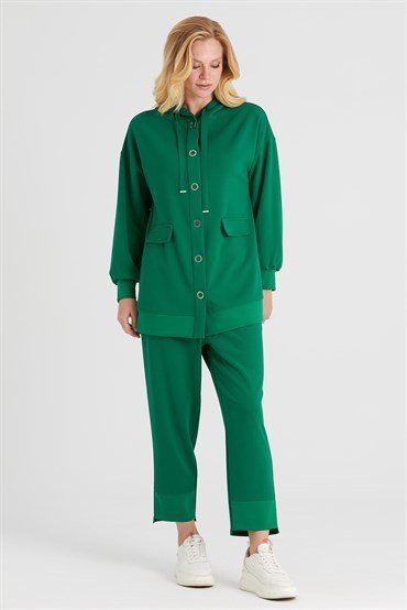 Hooded Tunic Pants Set GREEN