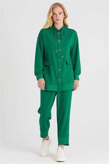 Hooded Tunic Pants Set GREEN