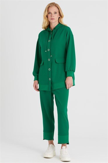 Hooded Tunic Pants Set GREEN